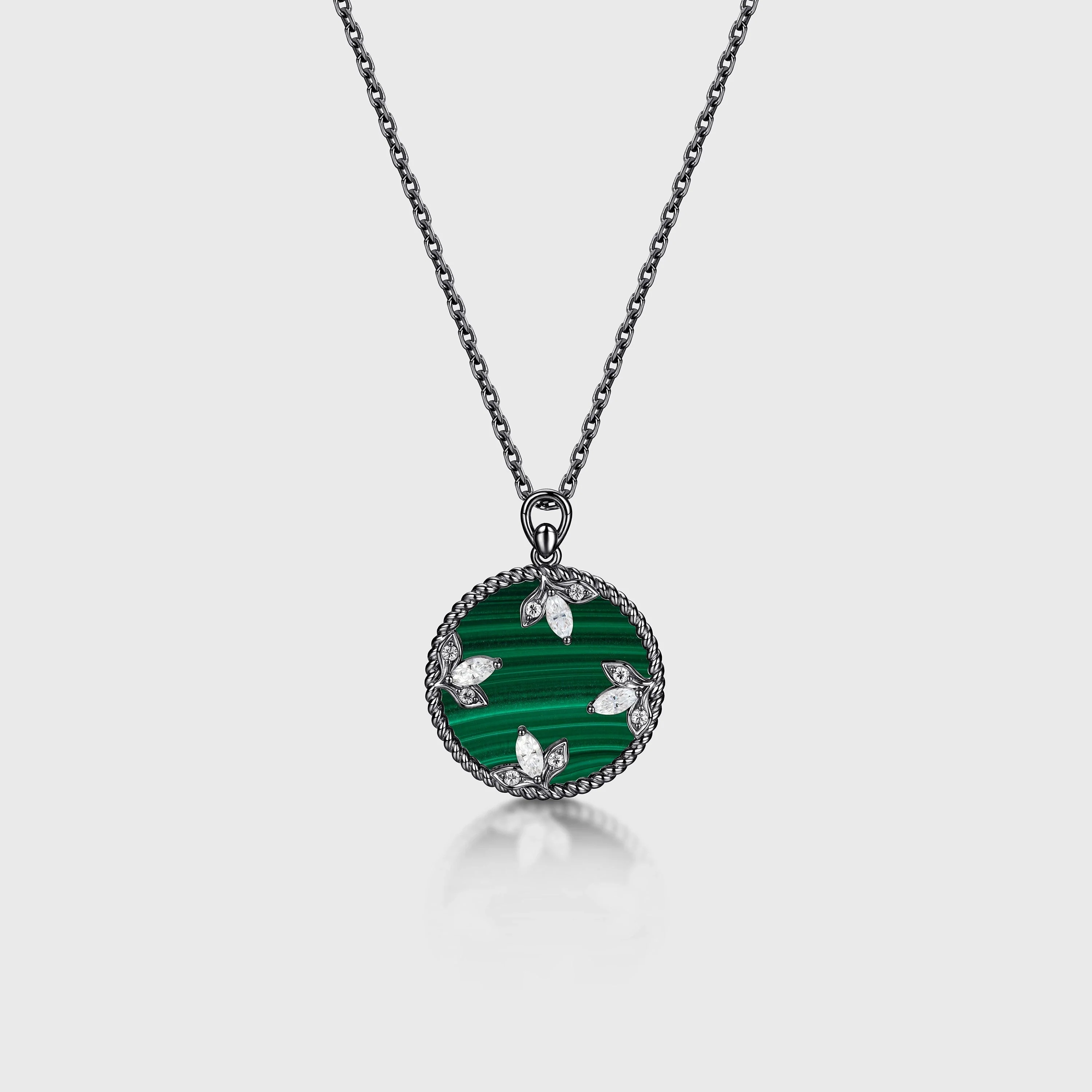 Round cut Malachite Pendant Necklace with Diamonds Halo Accents - Image 8