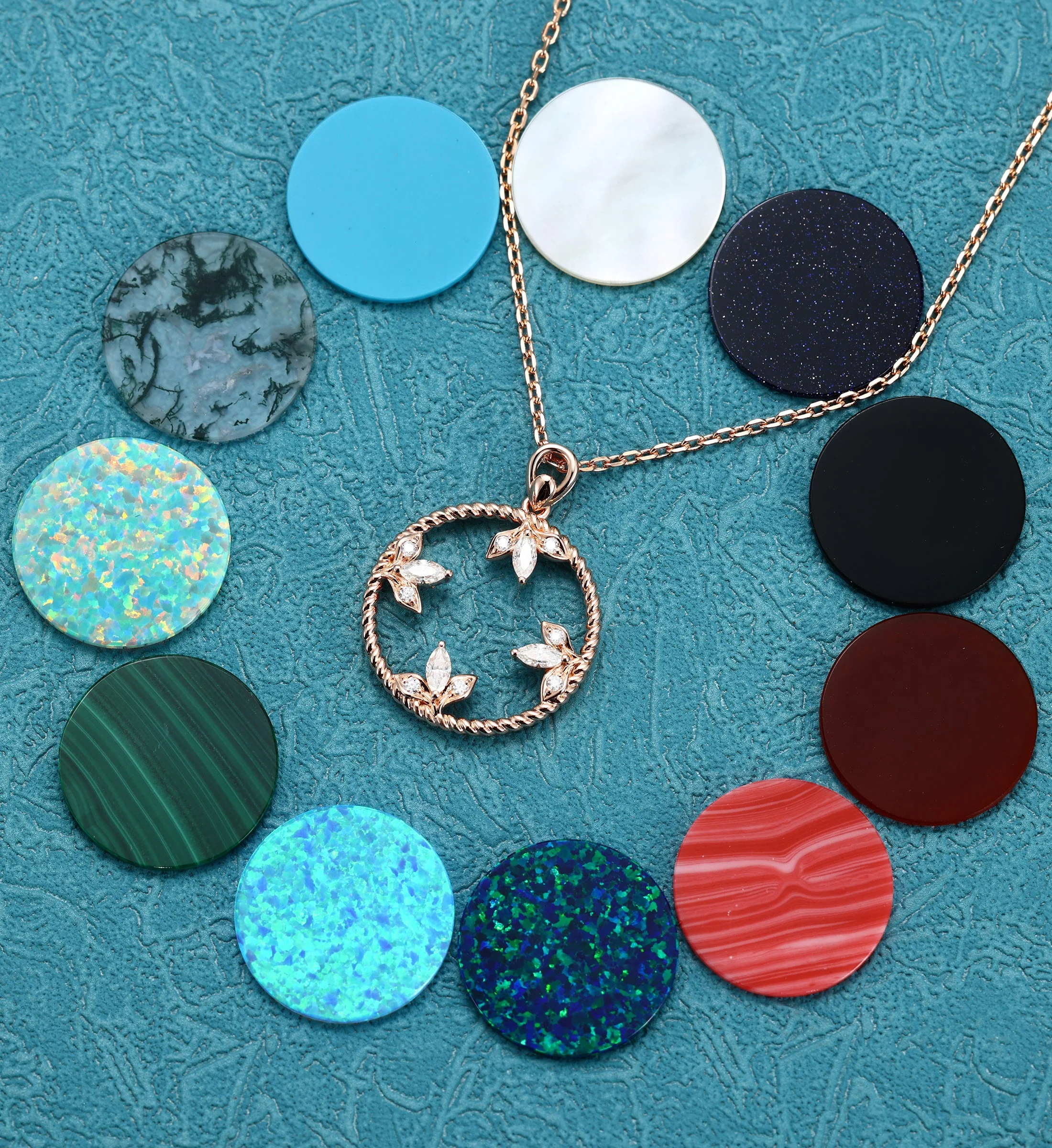 Round cut Malachite Pendant Necklace with Diamonds Halo Accents - Image 9