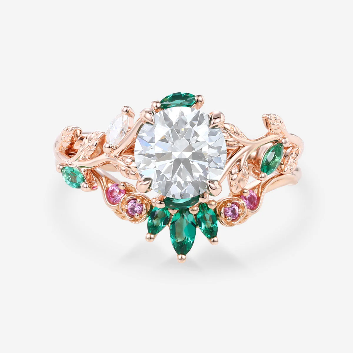 Round cut Moissanite + Pink Sapphire | Lab Emerald Curved Wedding bridal set