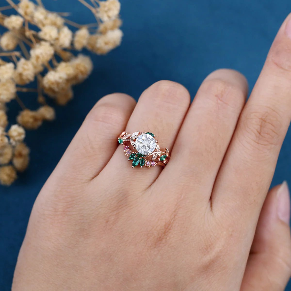 Round cut Moissanite + Pink Sapphire | Lab Emerald Curved Wedding bridal set - Image 2