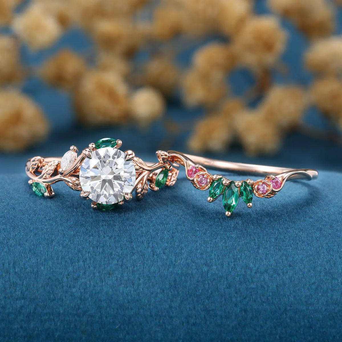 Round cut Moissanite + Pink Sapphire | Lab Emerald Curved Wedding bridal set - Image 3