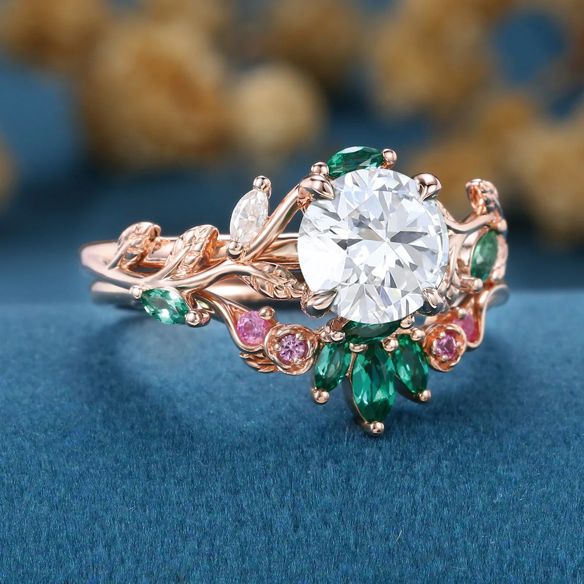Round cut Moissanite + Pink Sapphire | Lab Emerald Curved Wedding bridal set - Image 4
