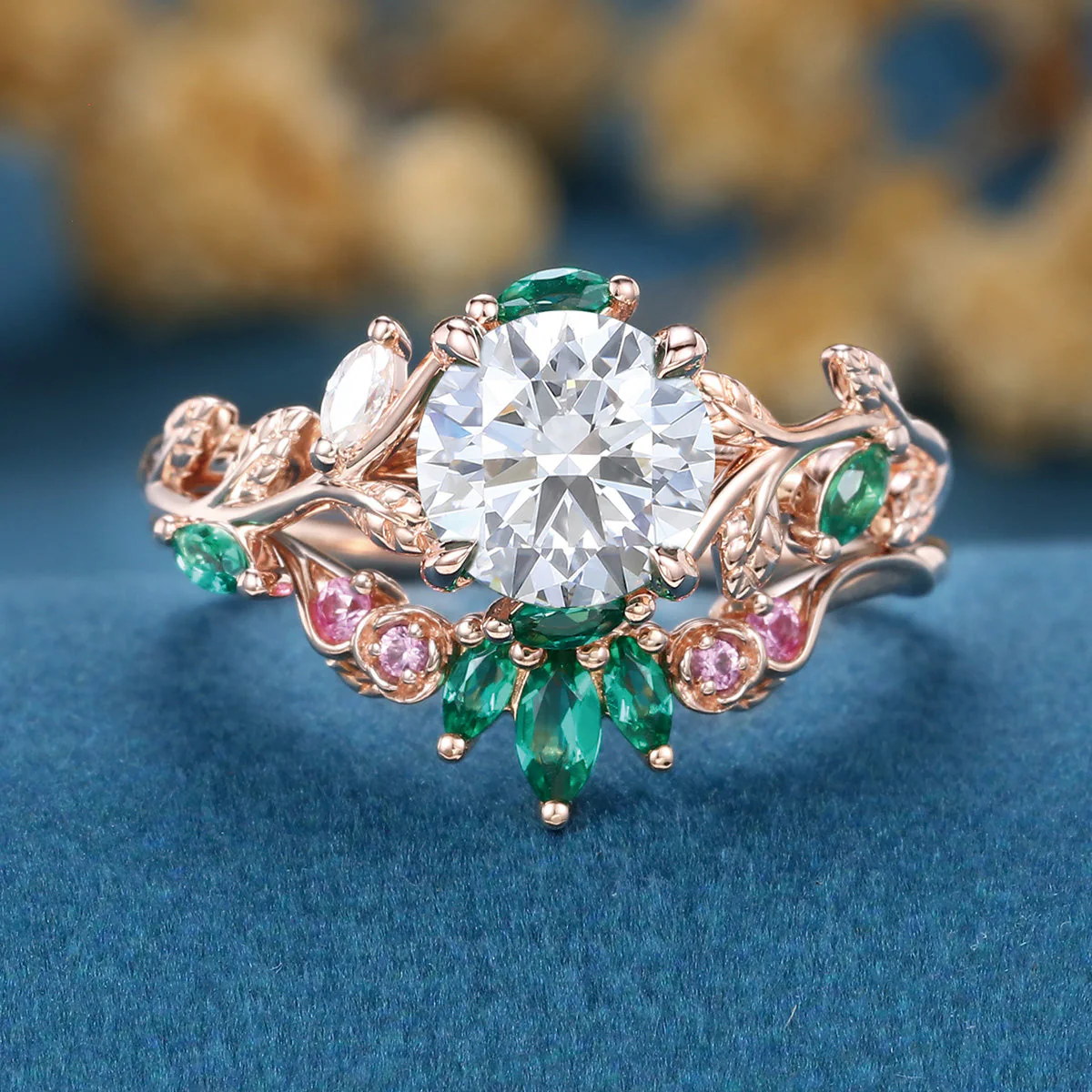 Round cut Moissanite + Pink Sapphire | Lab Emerald Curved Wedding bridal set - Image 5