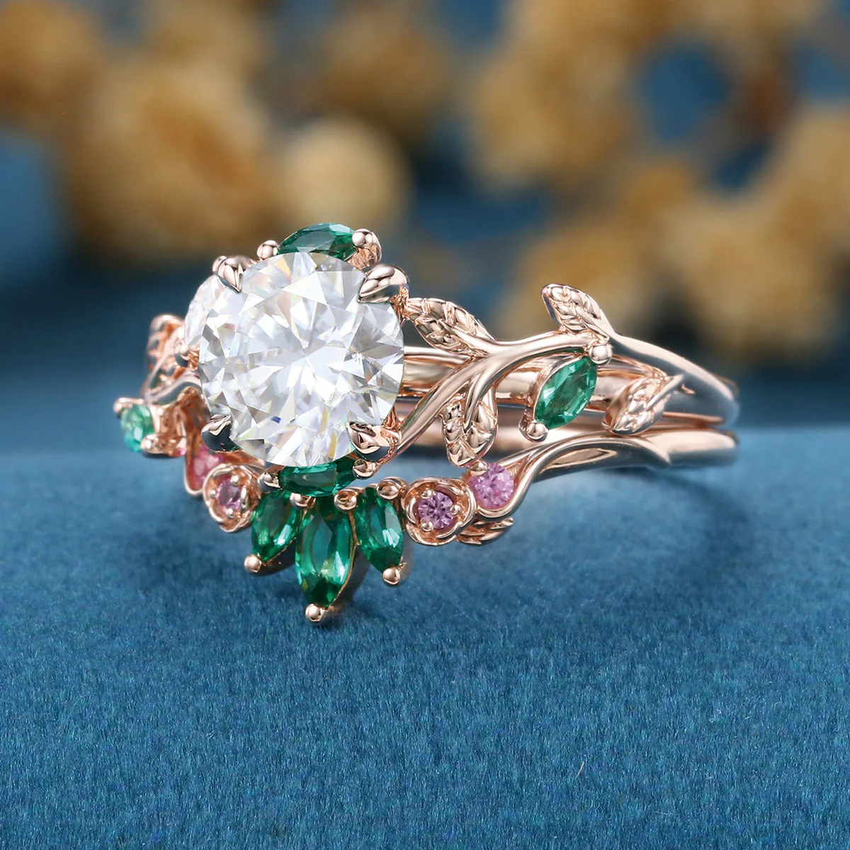 Round cut Moissanite + Pink Sapphire | Lab Emerald Curved Wedding bridal set - Image 6