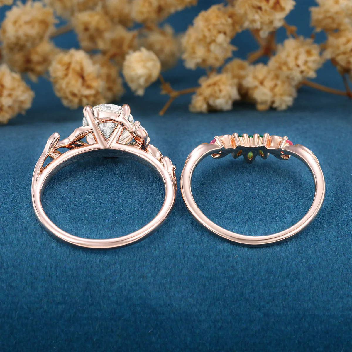 Round cut Moissanite + Pink Sapphire | Lab Emerald Curved Wedding bridal set - Image 7