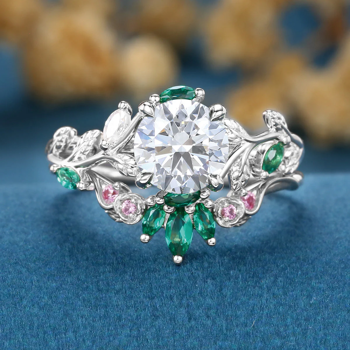 Round cut Moissanite + Pink Sapphire | Lab Emerald Curved Wedding bridal set - Image 8