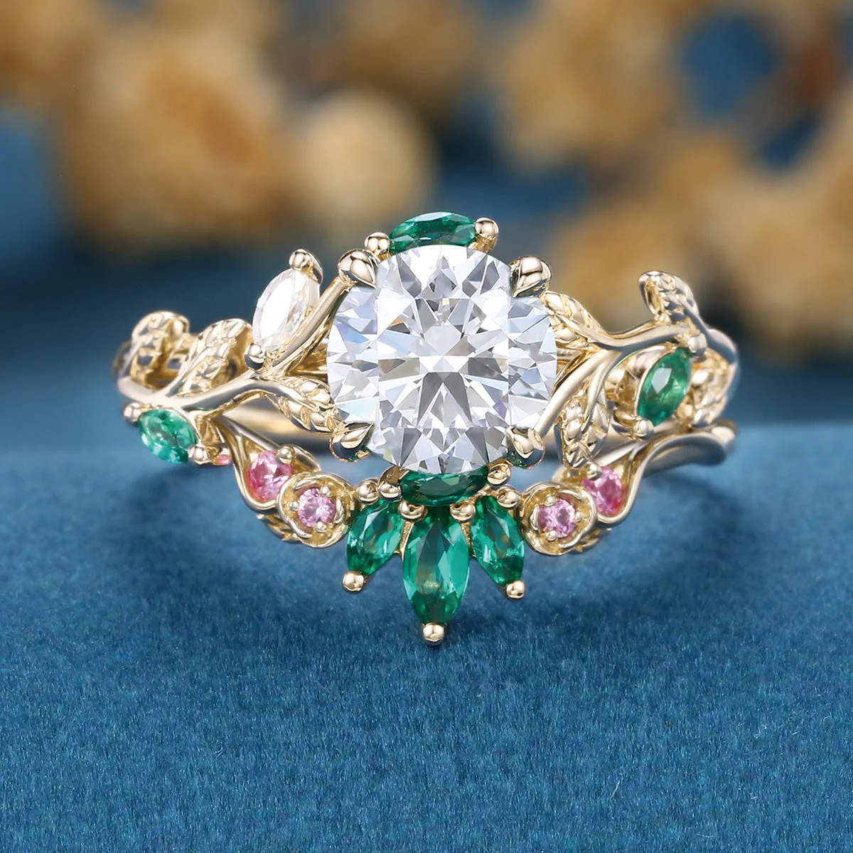 Round cut Moissanite + Pink Sapphire | Lab Emerald Curved Wedding bridal set - Image 9
