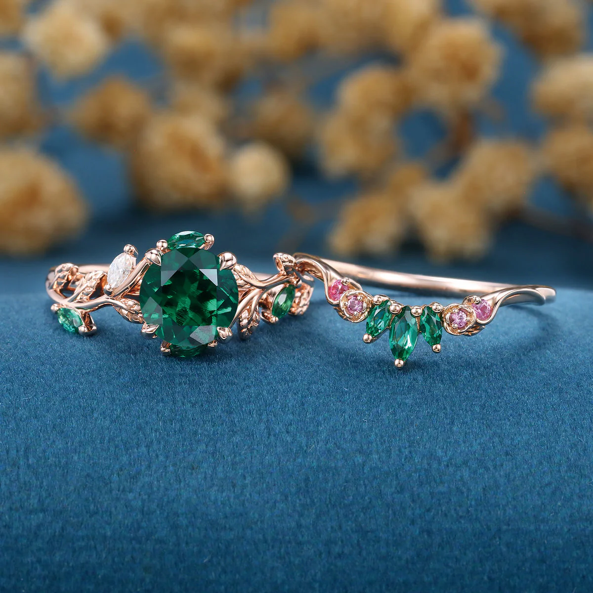 Round cut Lab Emerald  + Pink Sapphire | Emerald Wedding bridal set - Image 3
