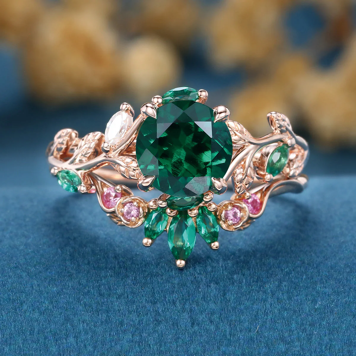 Round cut Lab Emerald  + Pink Sapphire | Emerald Wedding bridal set - Image 4