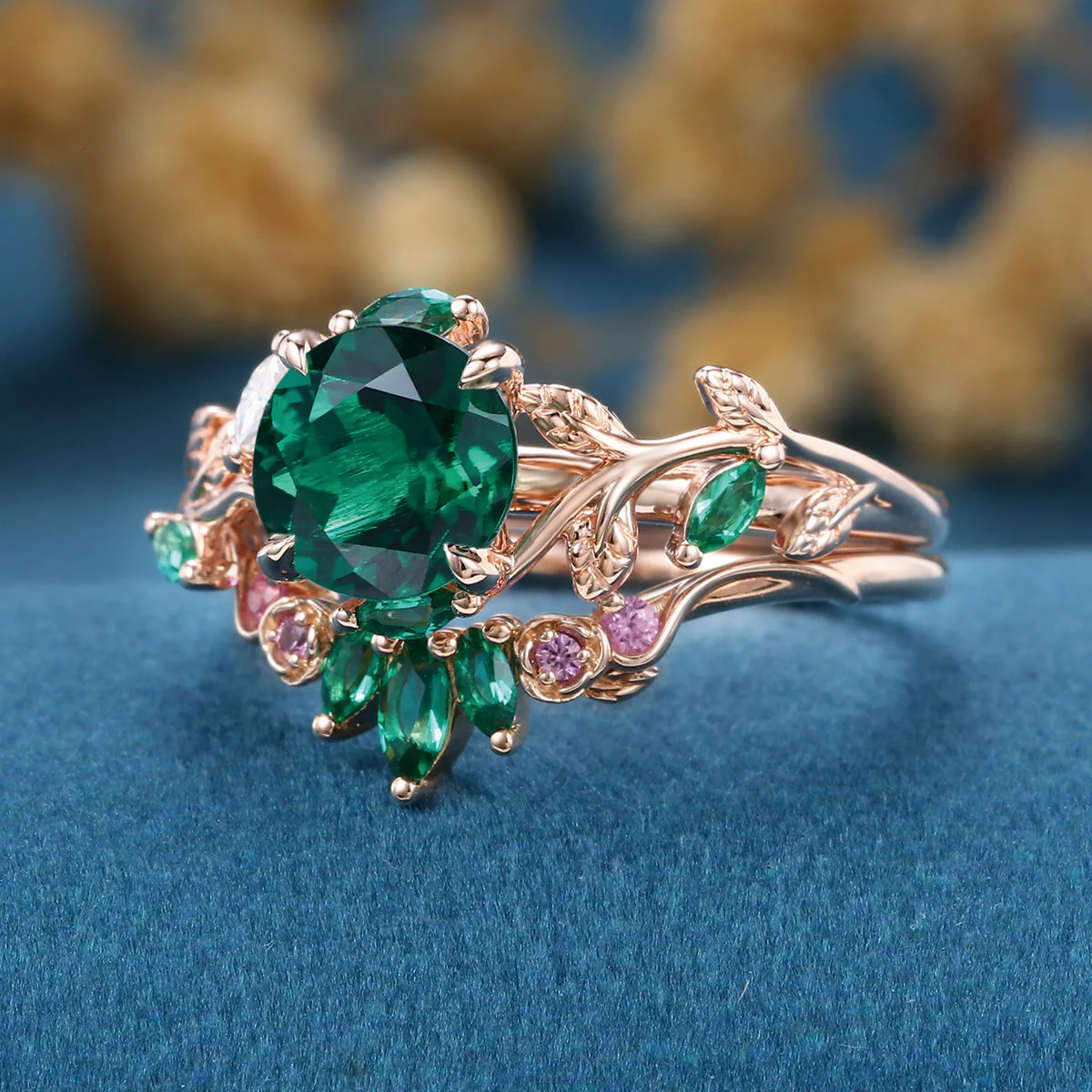 Round cut Lab Emerald  + Pink Sapphire | Emerald Wedding bridal set - Image 5