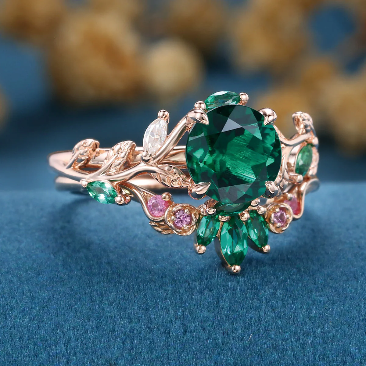 Round cut Lab Emerald  + Pink Sapphire | Emerald Wedding bridal set - Image 6