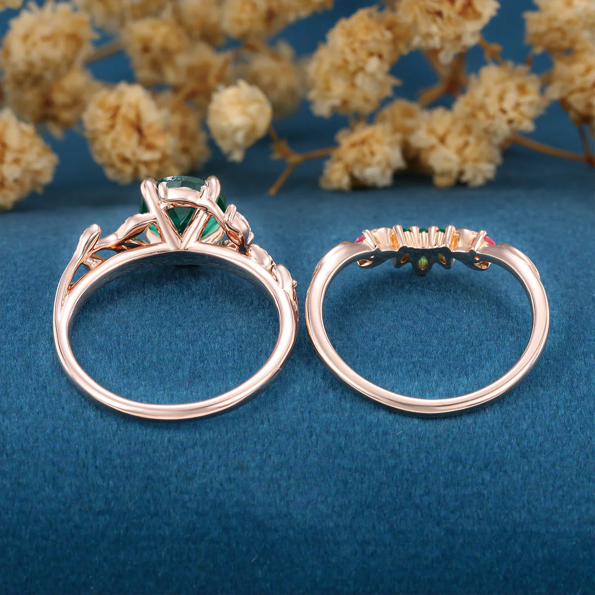 Round cut Lab Emerald  + Pink Sapphire | Emerald Wedding bridal set - Image 7