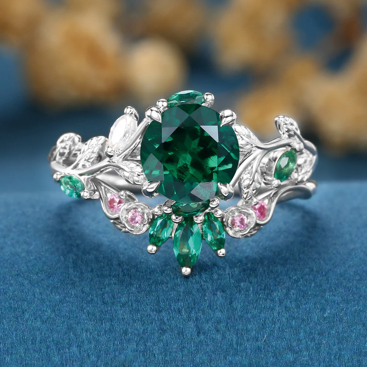 Round cut Lab Emerald  + Pink Sapphire | Emerald Wedding bridal set - Image 8