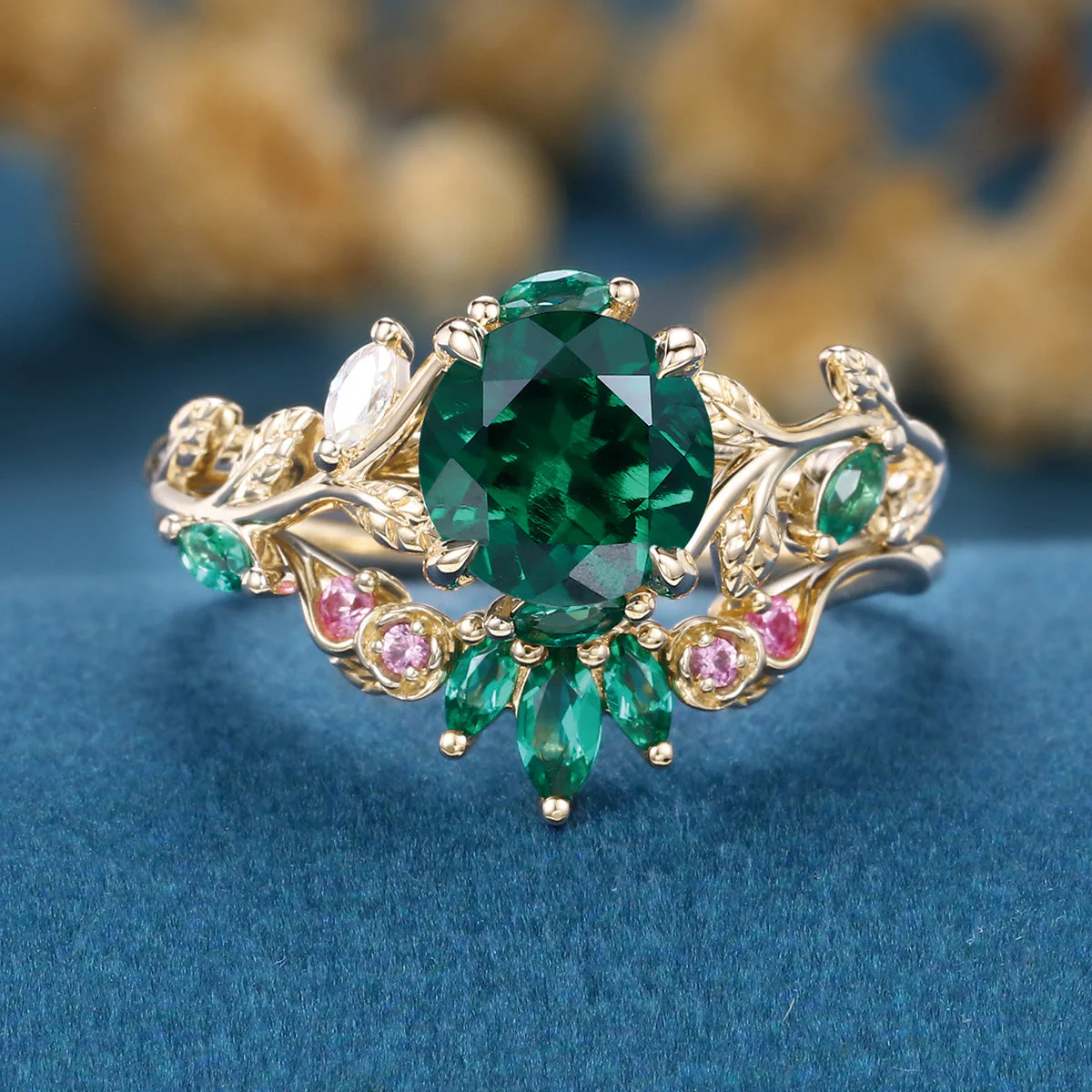 Round cut Lab Emerald  + Pink Sapphire | Emerald Wedding bridal set - Image 9