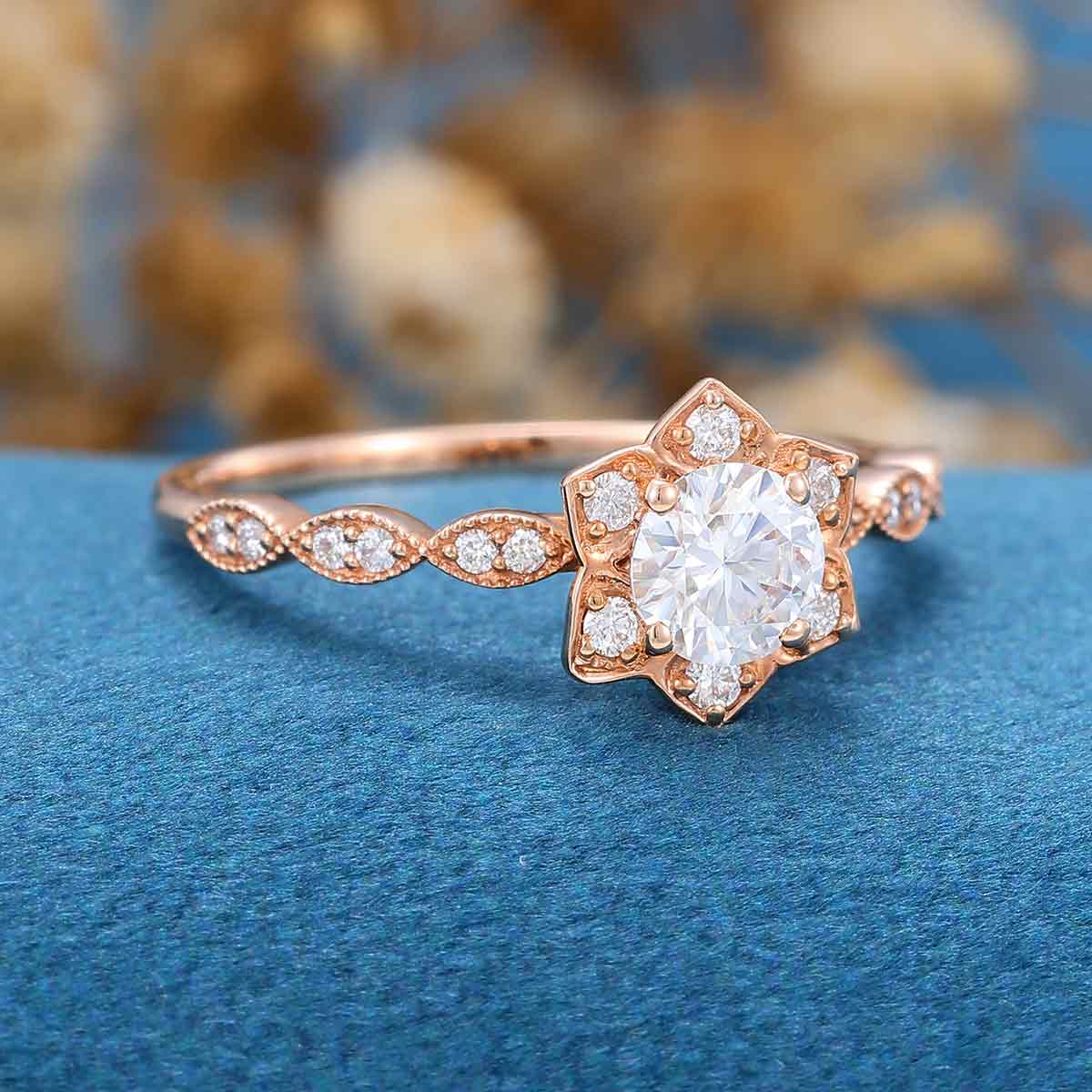 Round cut Moissanite Rose gold Flower Engagement Ring - Image 3