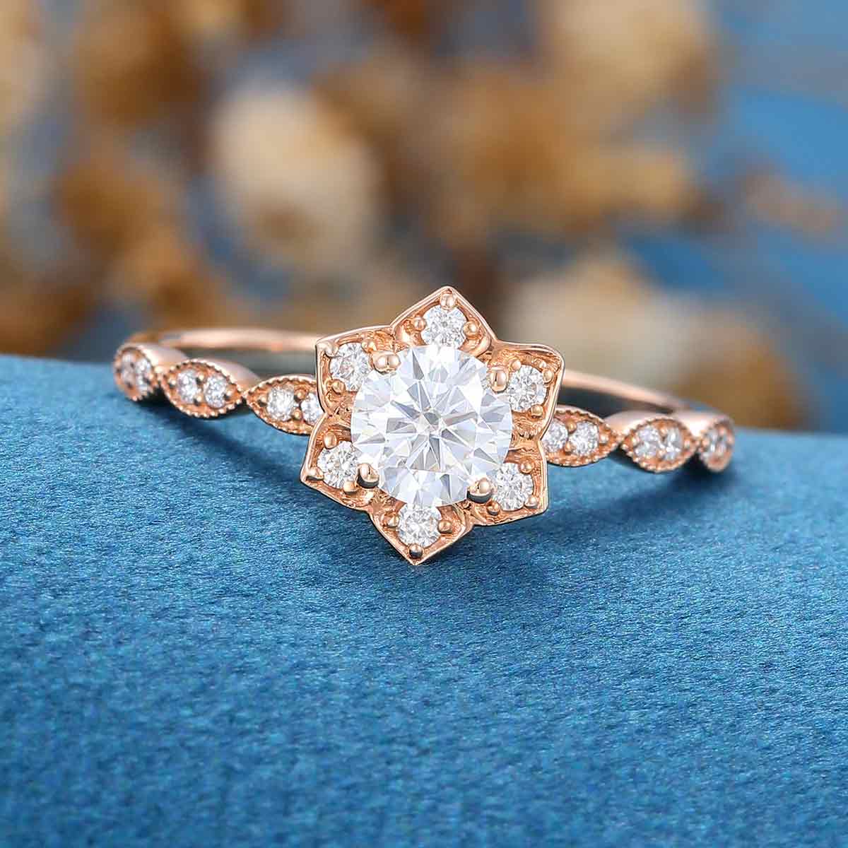 Round cut Moissanite Rose gold Flower Engagement Ring - Image 4