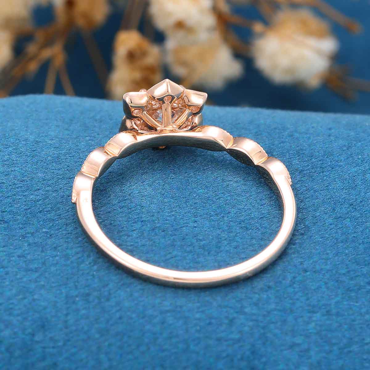 Round cut Moissanite Rose gold Flower Engagement Ring - Image 5