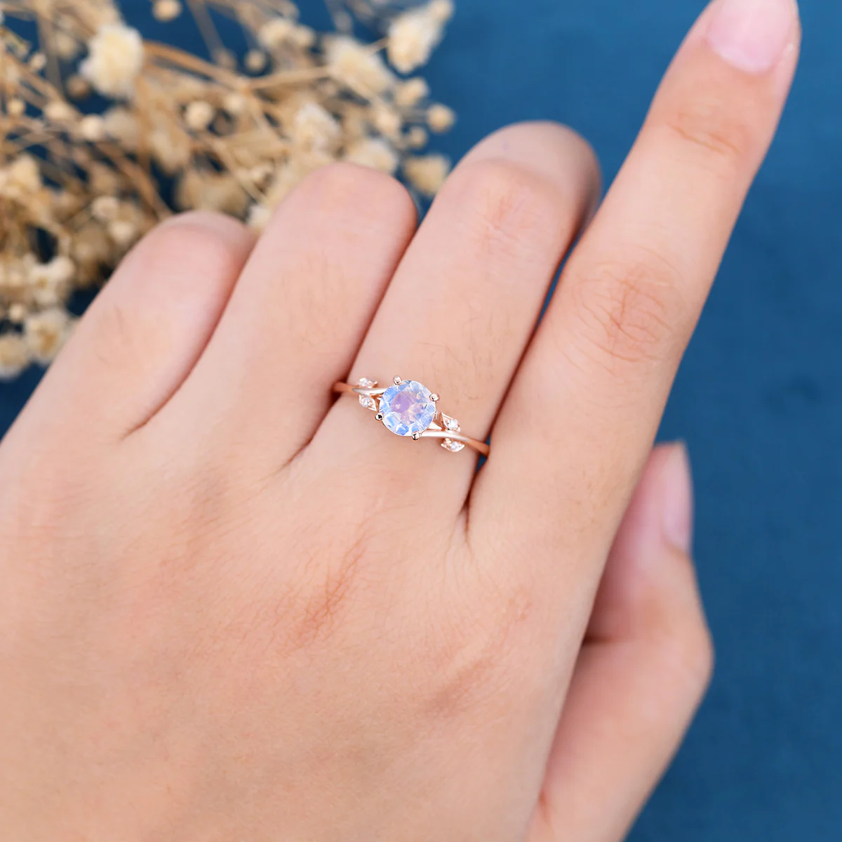 Round cut Moonstone Engagement Ring Matching Moissanite | Diamonds Gold Engagement Ring - Image 2