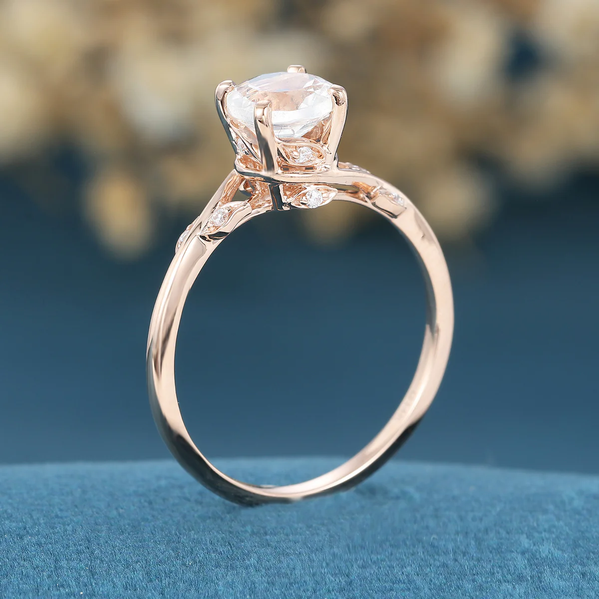 Round cut Moonstone Engagement Ring Matching Moissanite | Diamonds Gold Engagement Ring - Image 3
