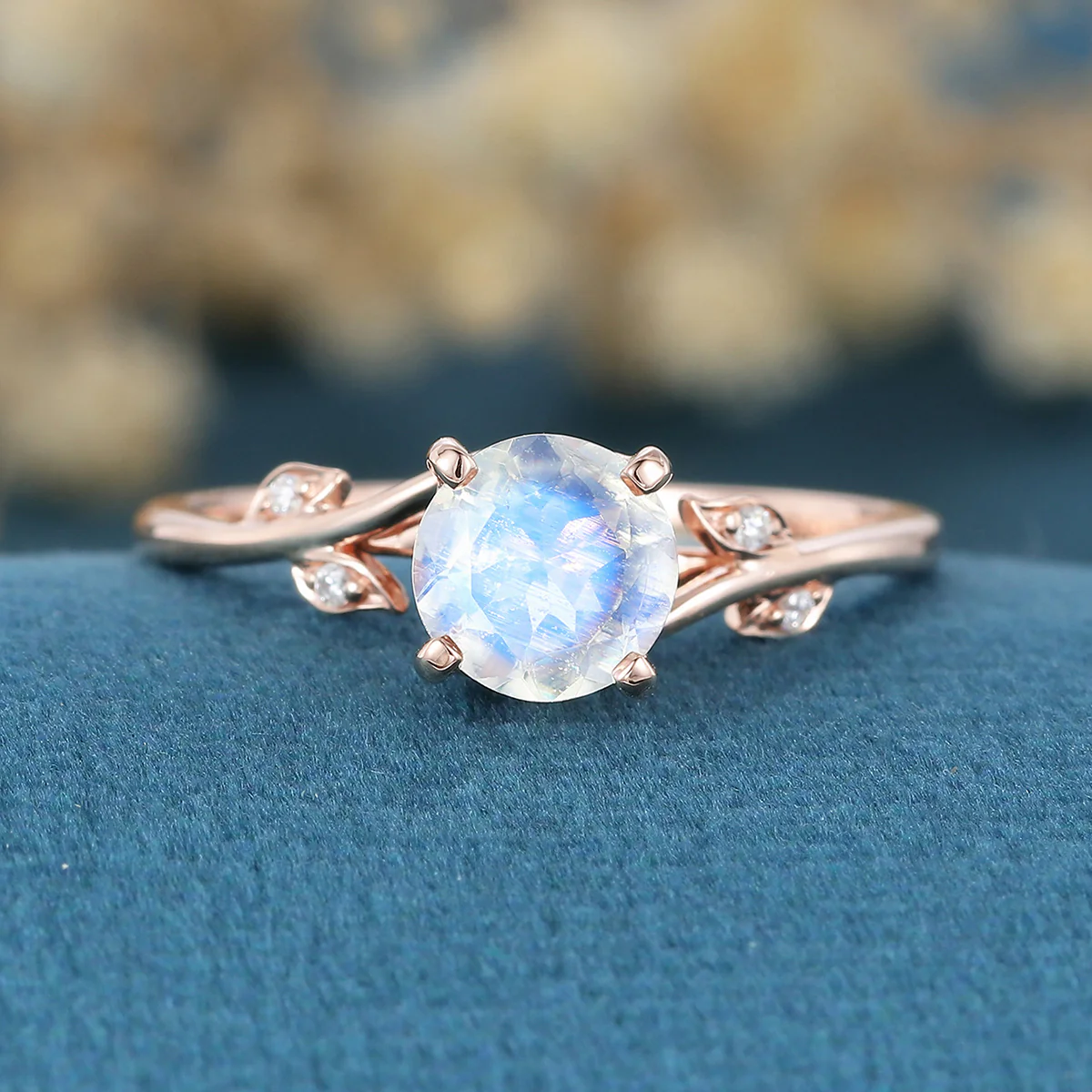 Round cut Moonstone Engagement Ring Matching Moissanite | Diamonds Gold Engagement Ring - Image 4