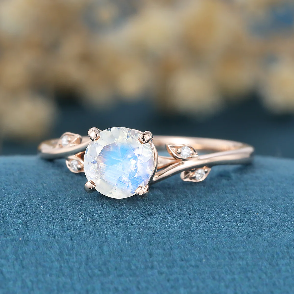 Round cut Moonstone Engagement Ring Matching Moissanite | Diamonds Gold Engagement Ring - Image 5