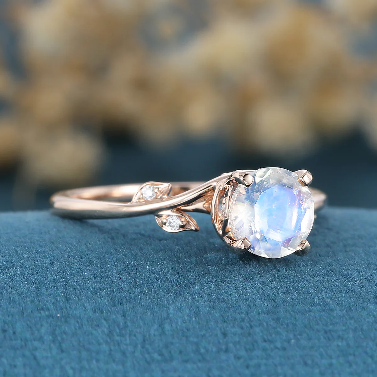 Round cut Moonstone Engagement Ring Matching Moissanite | Diamonds Gold Engagement Ring - Image 6