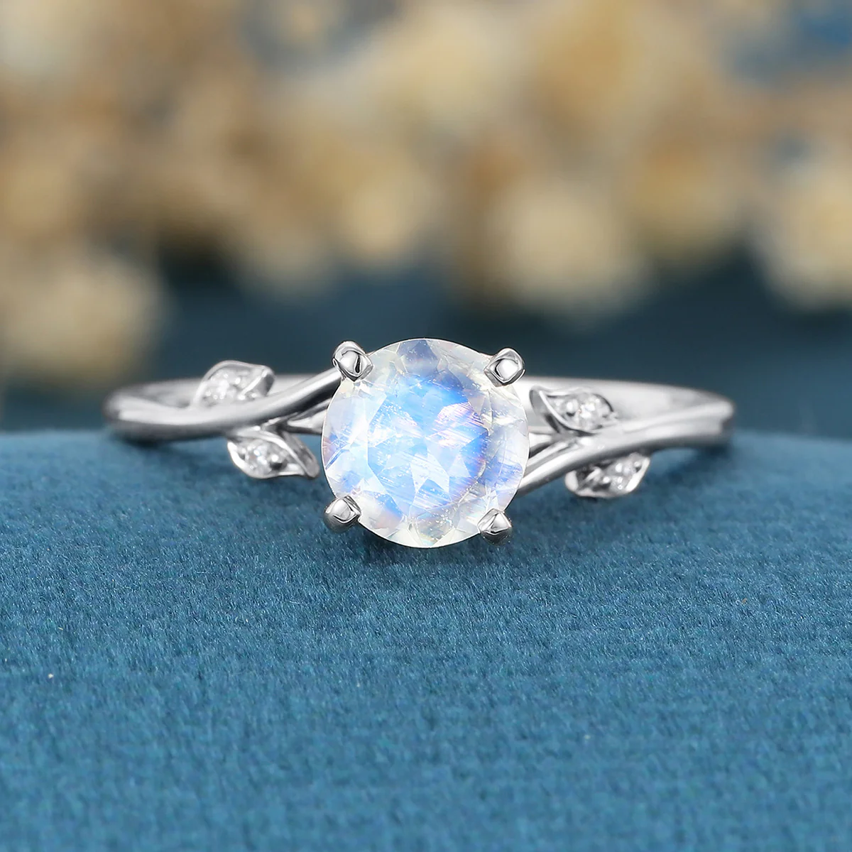 Round cut Moonstone Engagement Ring Matching Moissanite | Diamonds Gold Engagement Ring - Image 8