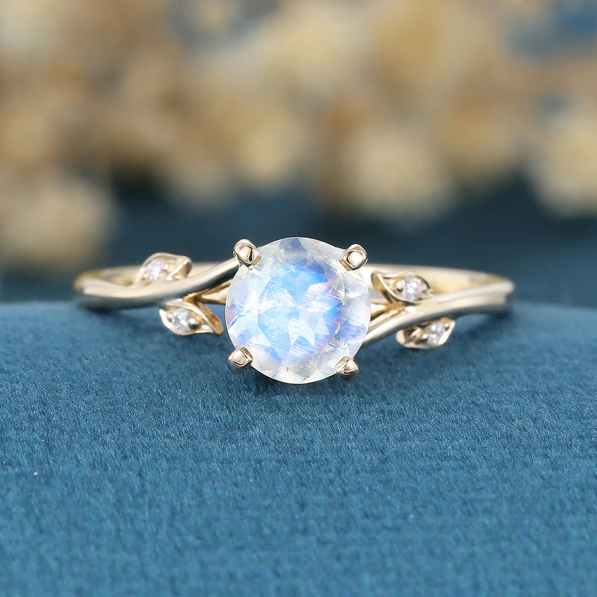 Round cut Moonstone Engagement Ring Matching Moissanite | Diamonds Gold Engagement Ring - Image 9