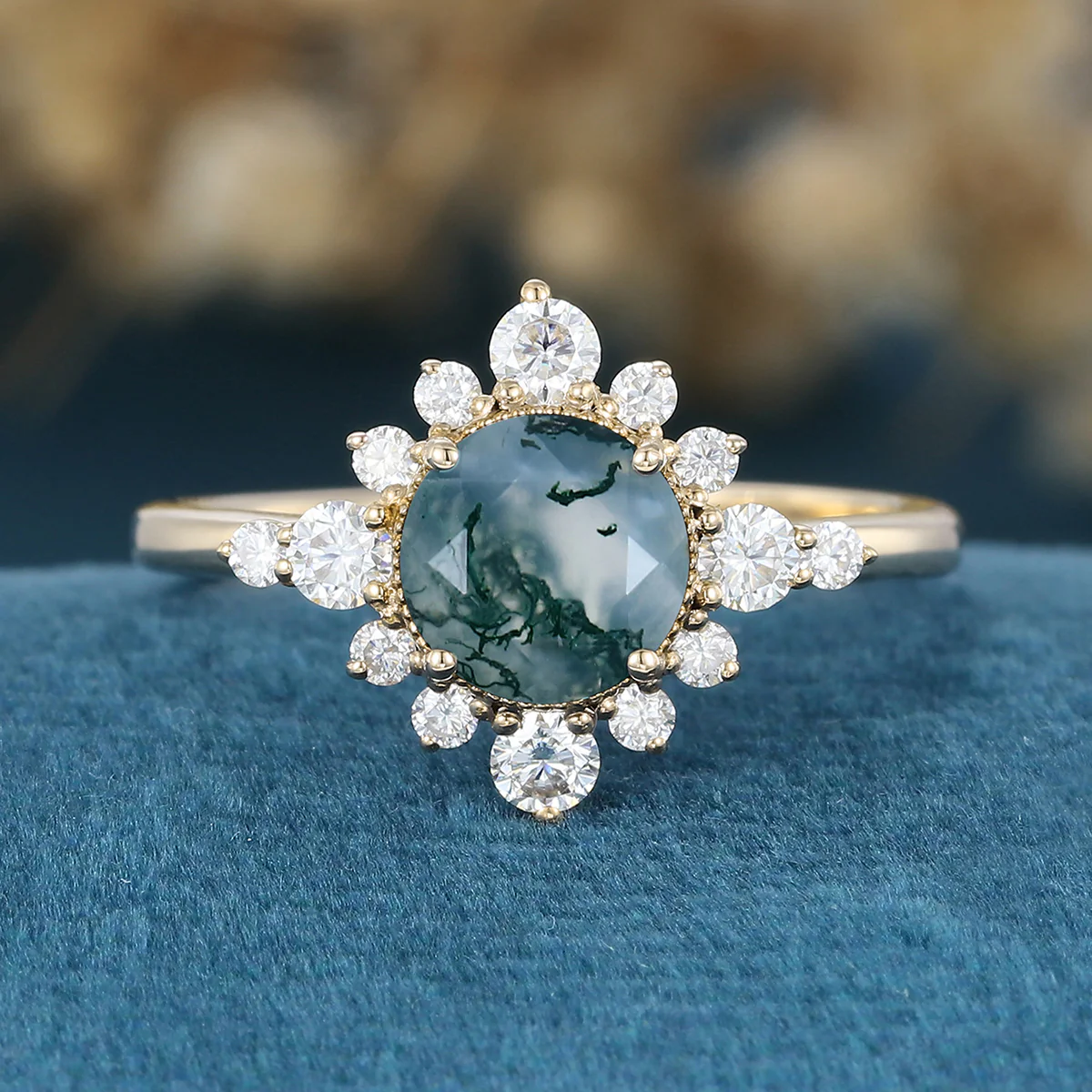 Round cut Moss Agate Halo Moissanite | Diamonds Gold Engagement Ring - Image 8