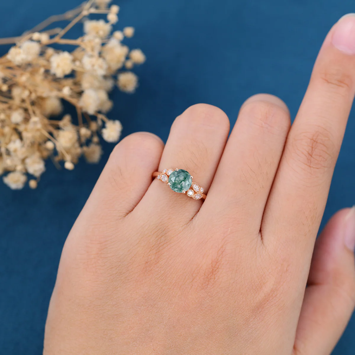 Round cut Moss Agate Matching Moissanite | Diamonds Gold Engagement Ring - Image 2