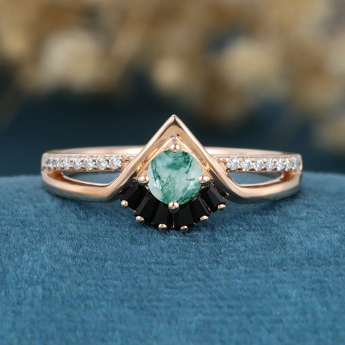 Round cut Moss Agate Matching Diamonds | Black Onyx Gold Engagement Ring - Image 3