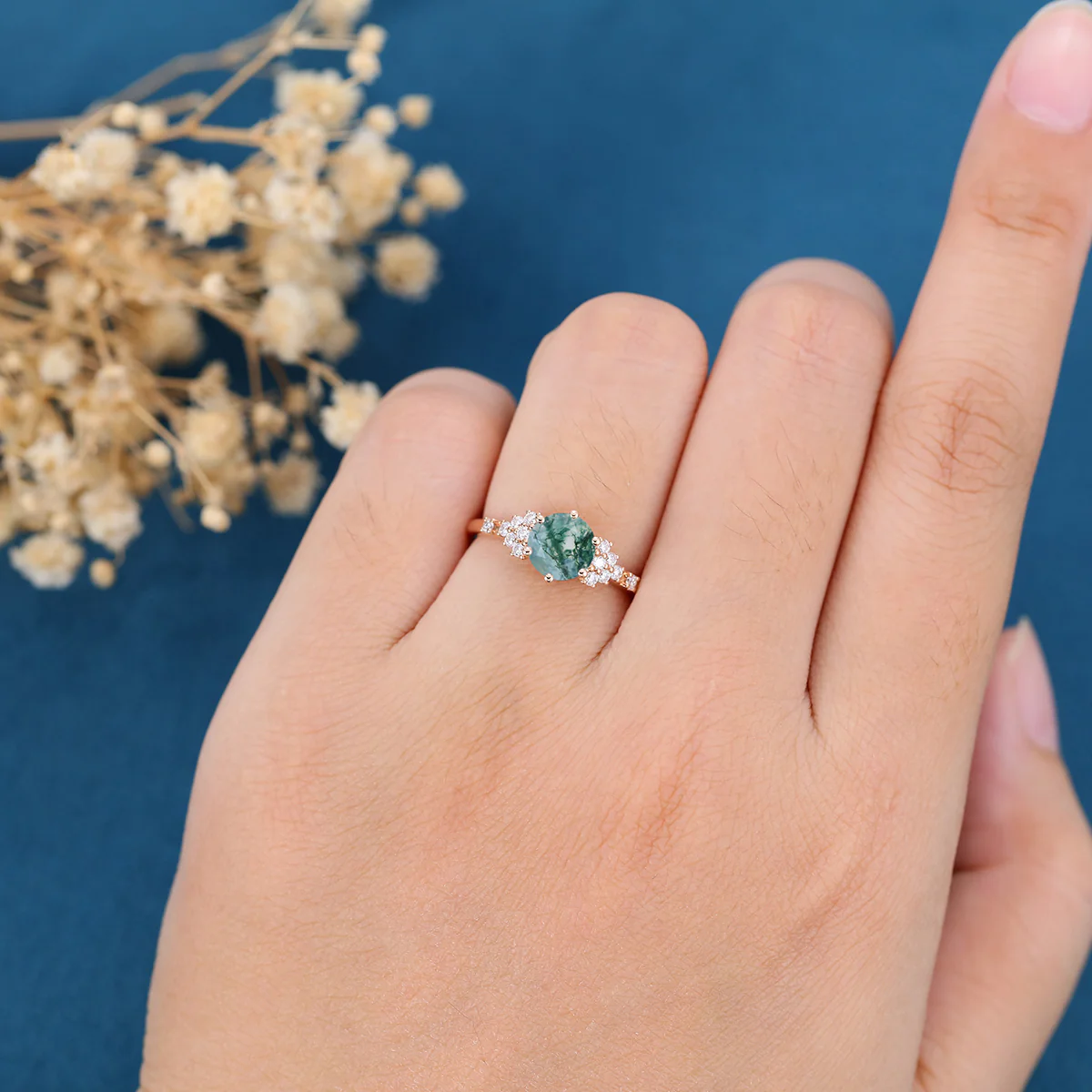 Round cut Moss Agate Matching Moissanite | Diamonds Gold Engagement Ring - Image 2