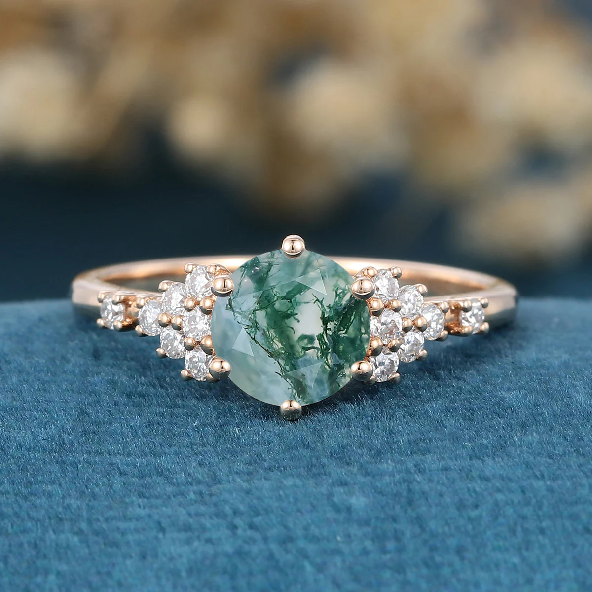 Round cut Moss Agate Matching Moissanite | Diamonds Gold Engagement Ring - Image 3