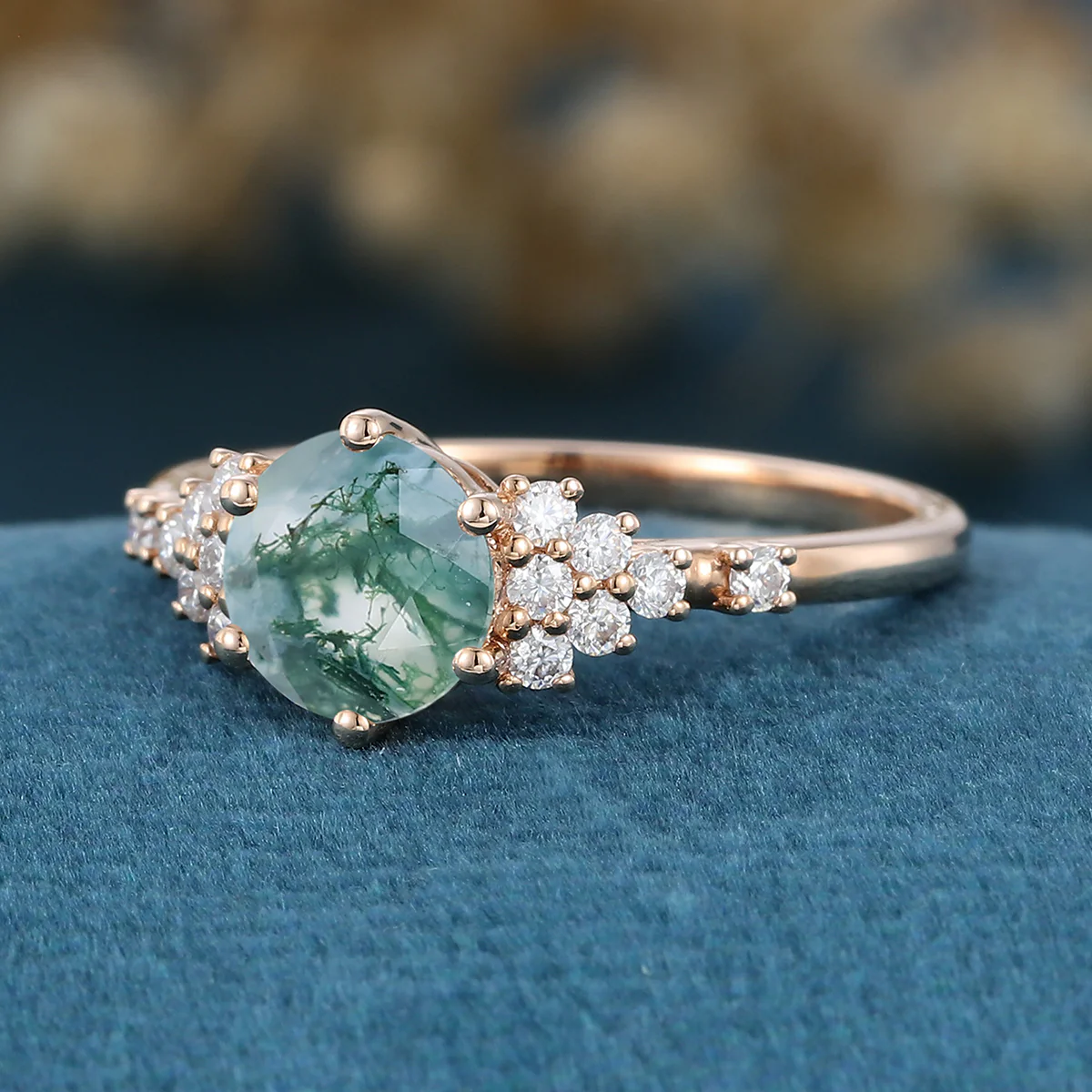 Round cut Moss Agate Matching Moissanite | Diamonds Gold Engagement Ring - Image 5
