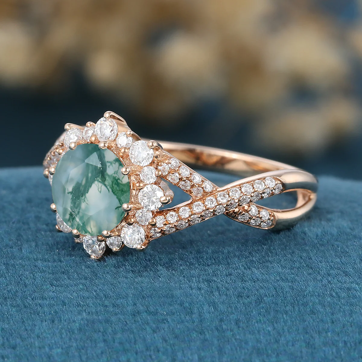 Round cut Moss Agate Matching Moissanite | Diamonds Gold Engagement Ring - Image 5