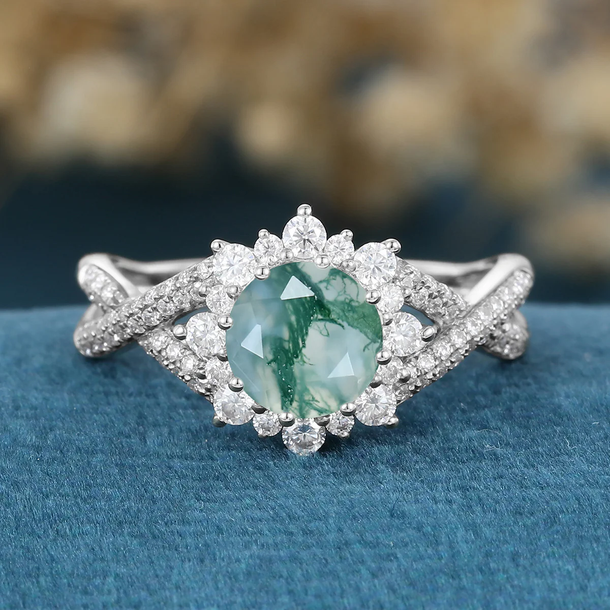 Round cut Moss Agate Matching Moissanite | Diamonds Gold Engagement Ring - Image 7