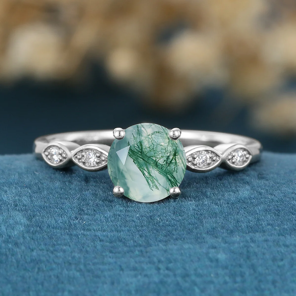 Round cut Moss Agate Matching Diamonds Gold Engagement Ring - Image 7