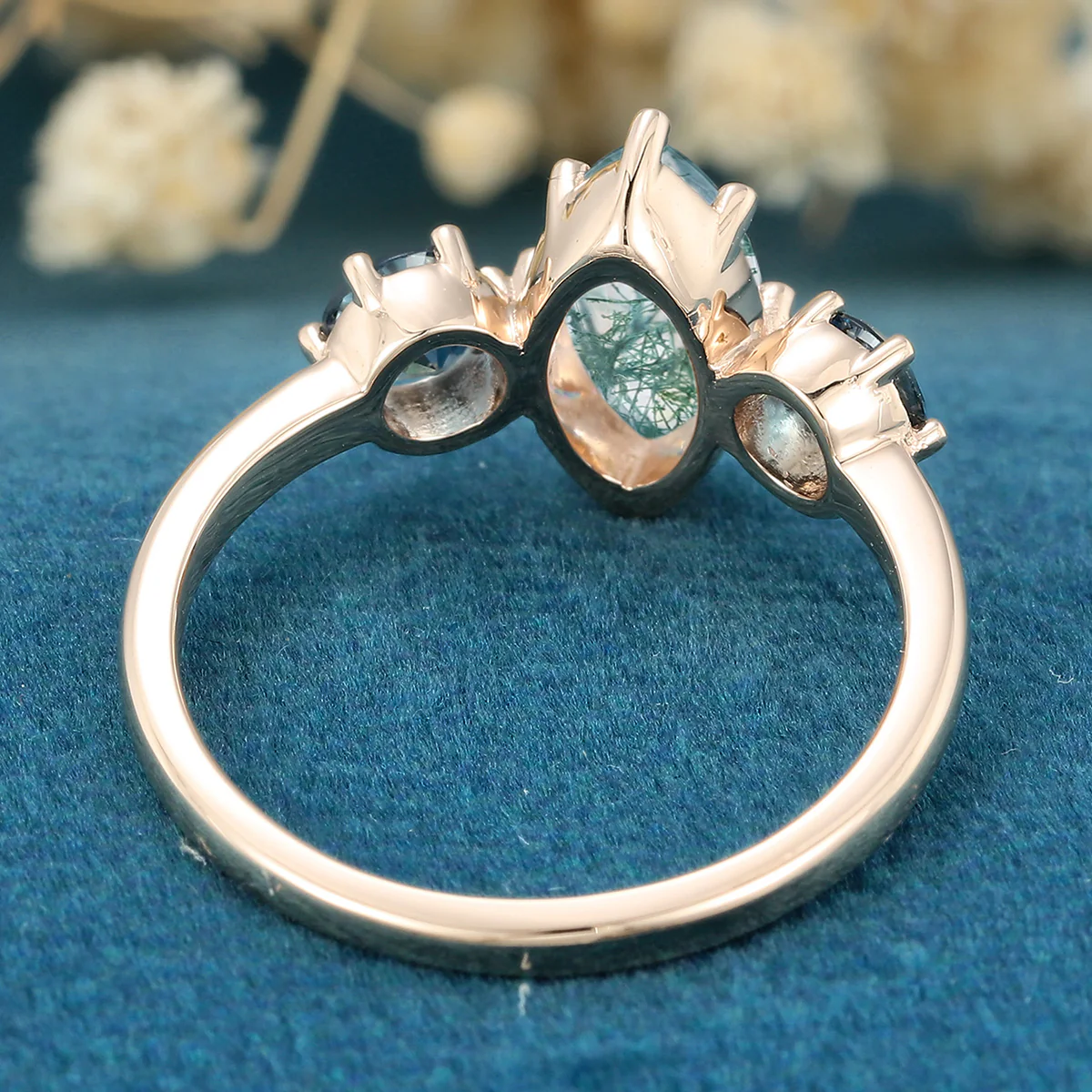 Marquise cut Moss Agate Matching London blue Topaz Gold Engagement Ring - Image 4