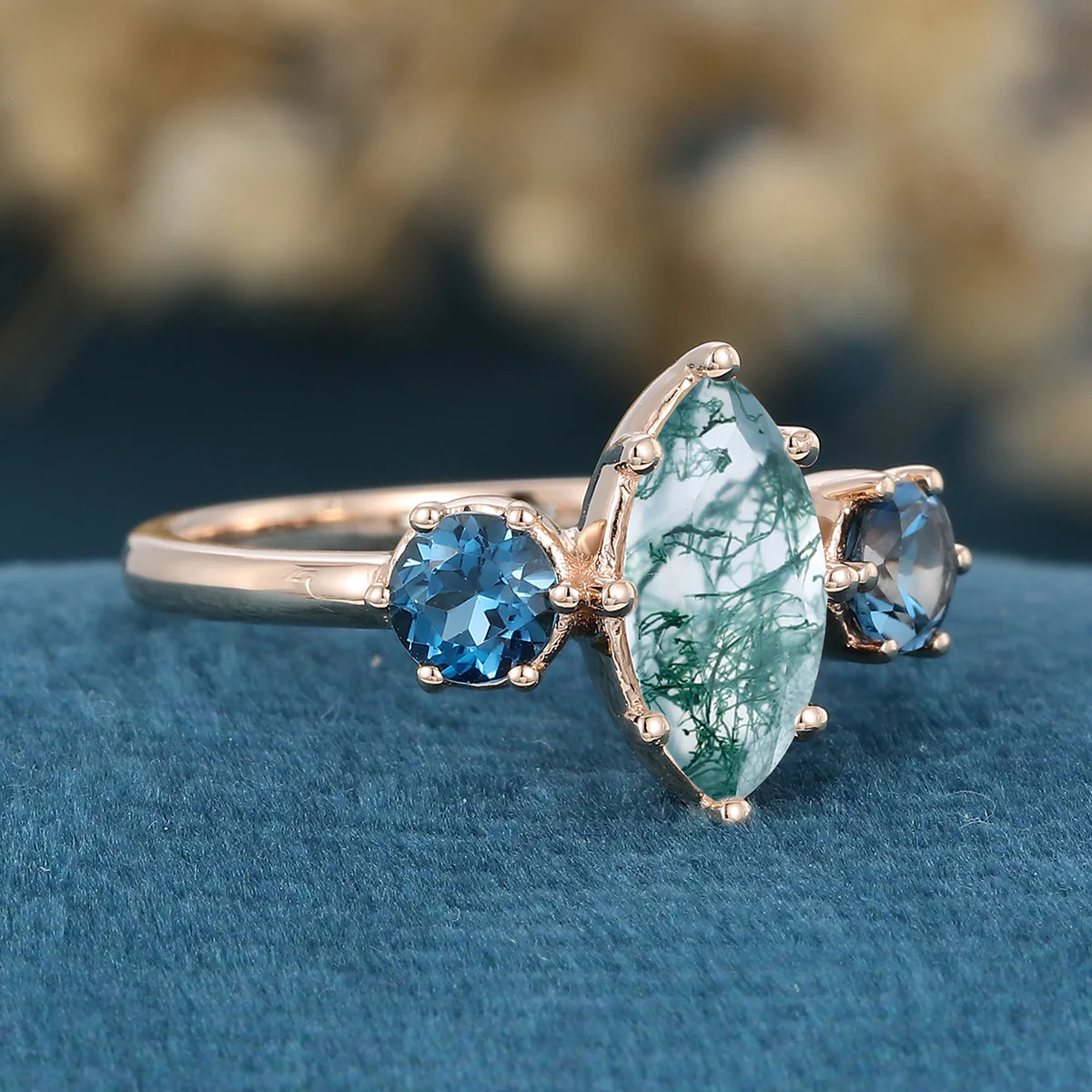 Marquise cut Moss Agate Matching London blue Topaz Gold Engagement Ring - Image 5