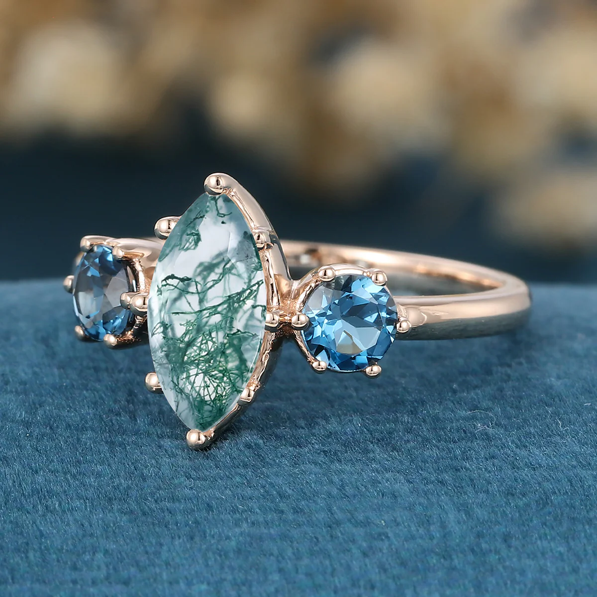 Marquise cut Moss Agate Matching London blue Topaz Gold Engagement Ring - Image 6