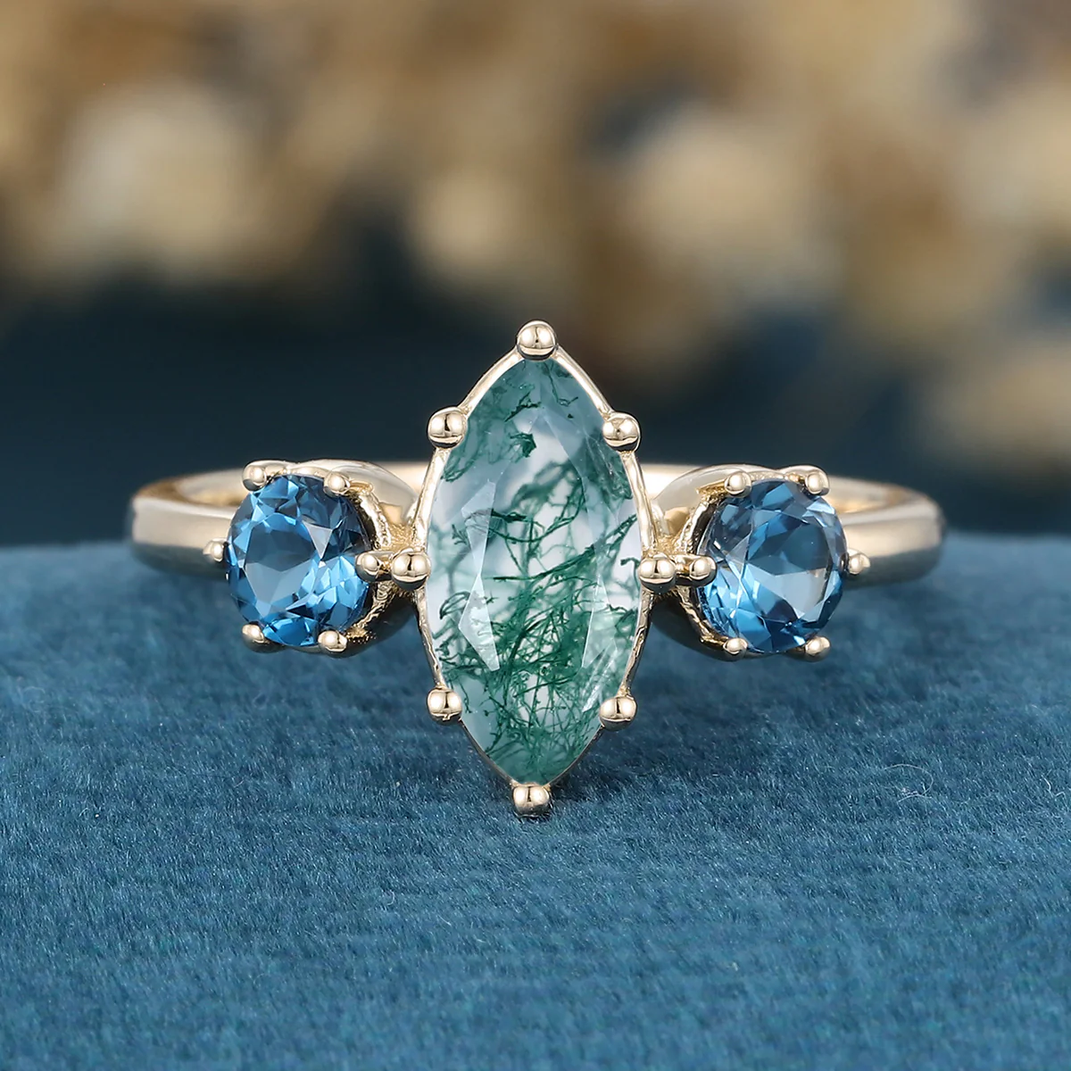 Marquise cut Moss Agate Matching London blue Topaz Gold Engagement Ring - Image 7