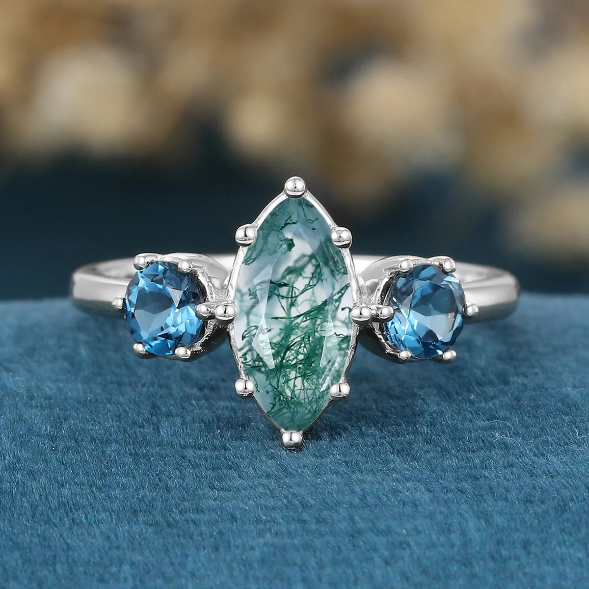 Marquise cut Moss Agate Matching London blue Topaz Gold Engagement Ring - Image 8