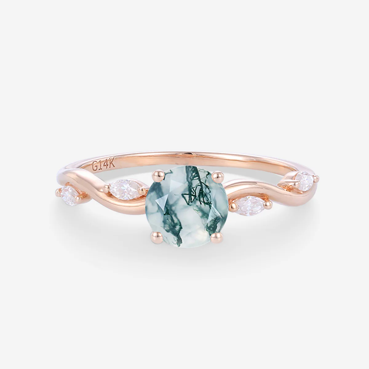 Round cut Moss Agate Matching Moissanite | Diamonds Gold Engagement Ring