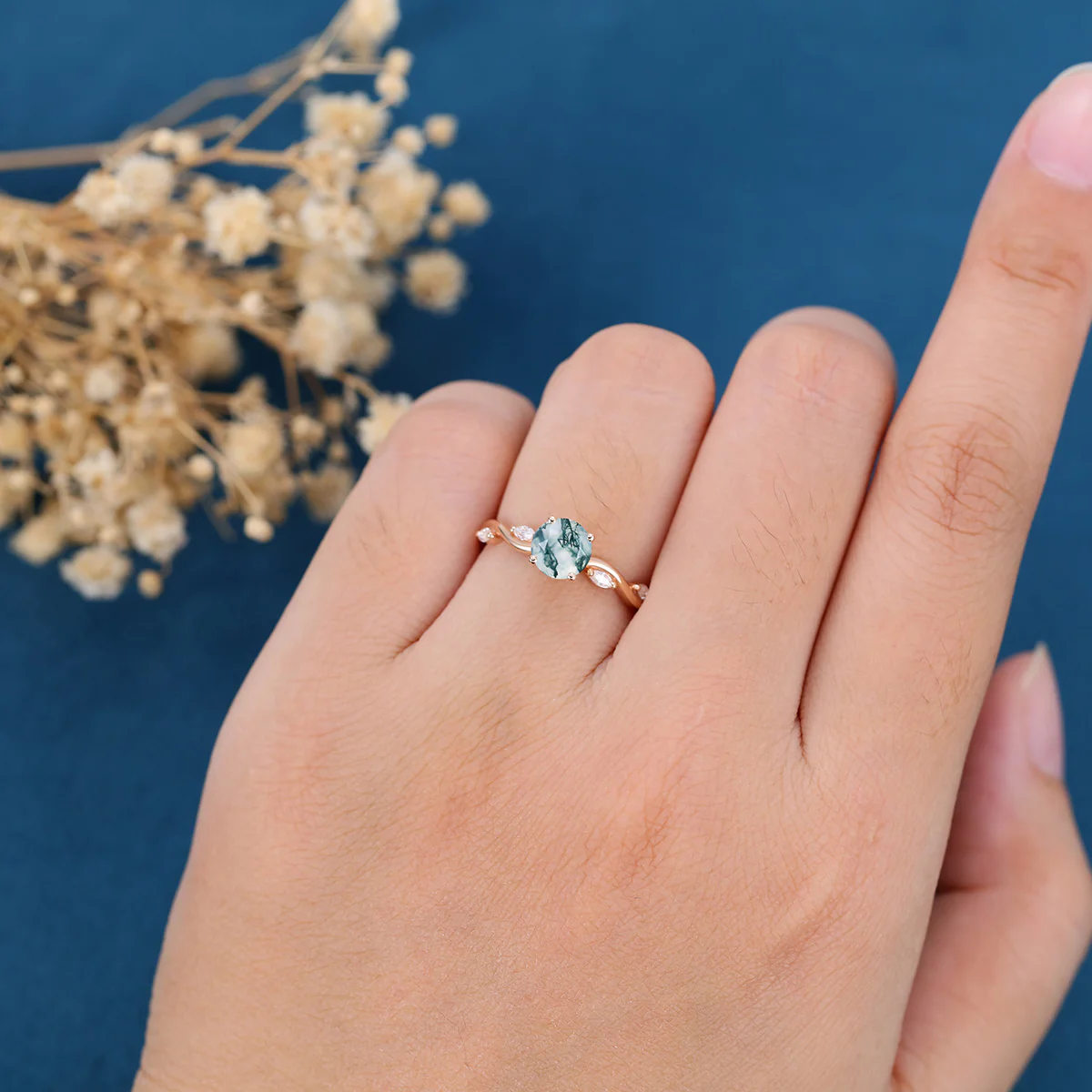 Round cut Moss Agate Matching Moissanite | Diamonds Gold Engagement Ring - Image 2