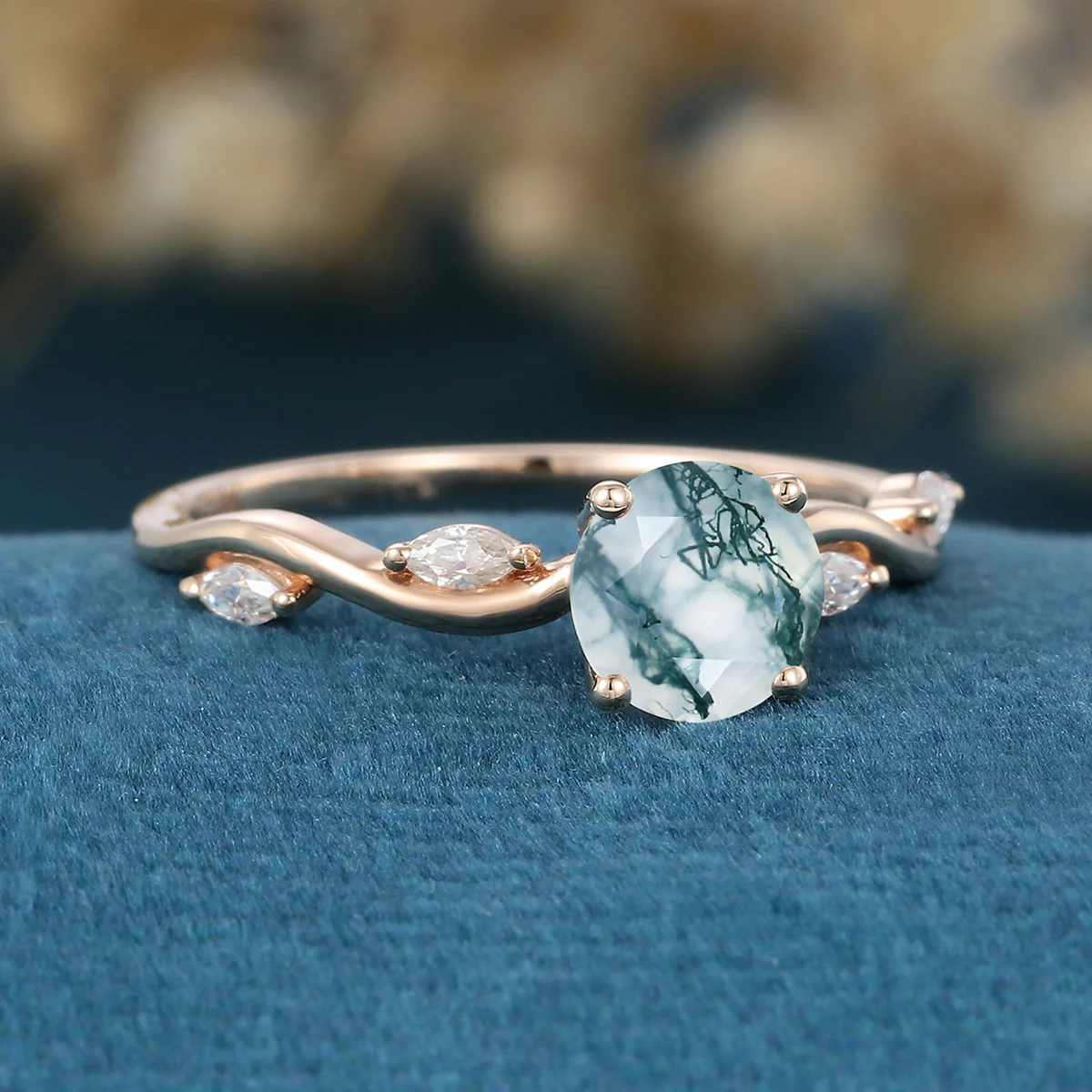 Round cut Moss Agate Matching Moissanite | Diamonds Gold Engagement Ring - Image 4