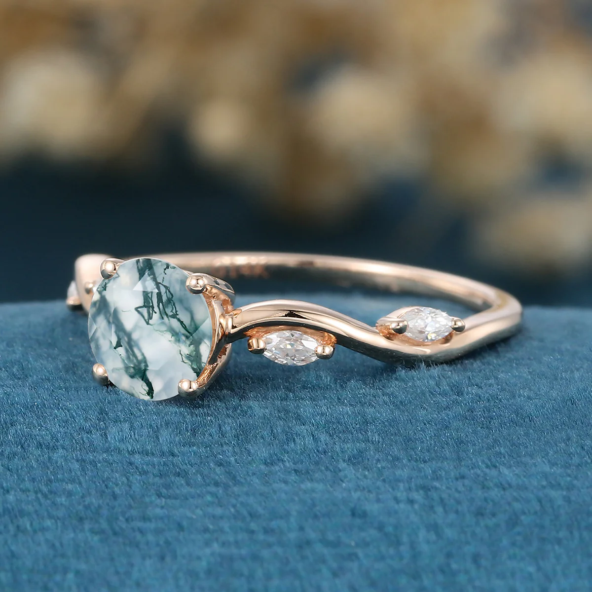 Round cut Moss Agate Matching Moissanite | Diamonds Gold Engagement Ring - Image 5
