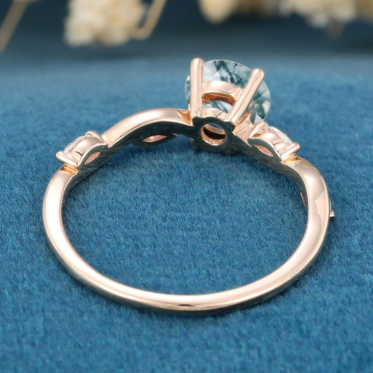 Round cut Moss Agate Matching Moissanite | Diamonds Gold Engagement Ring - Image 6
