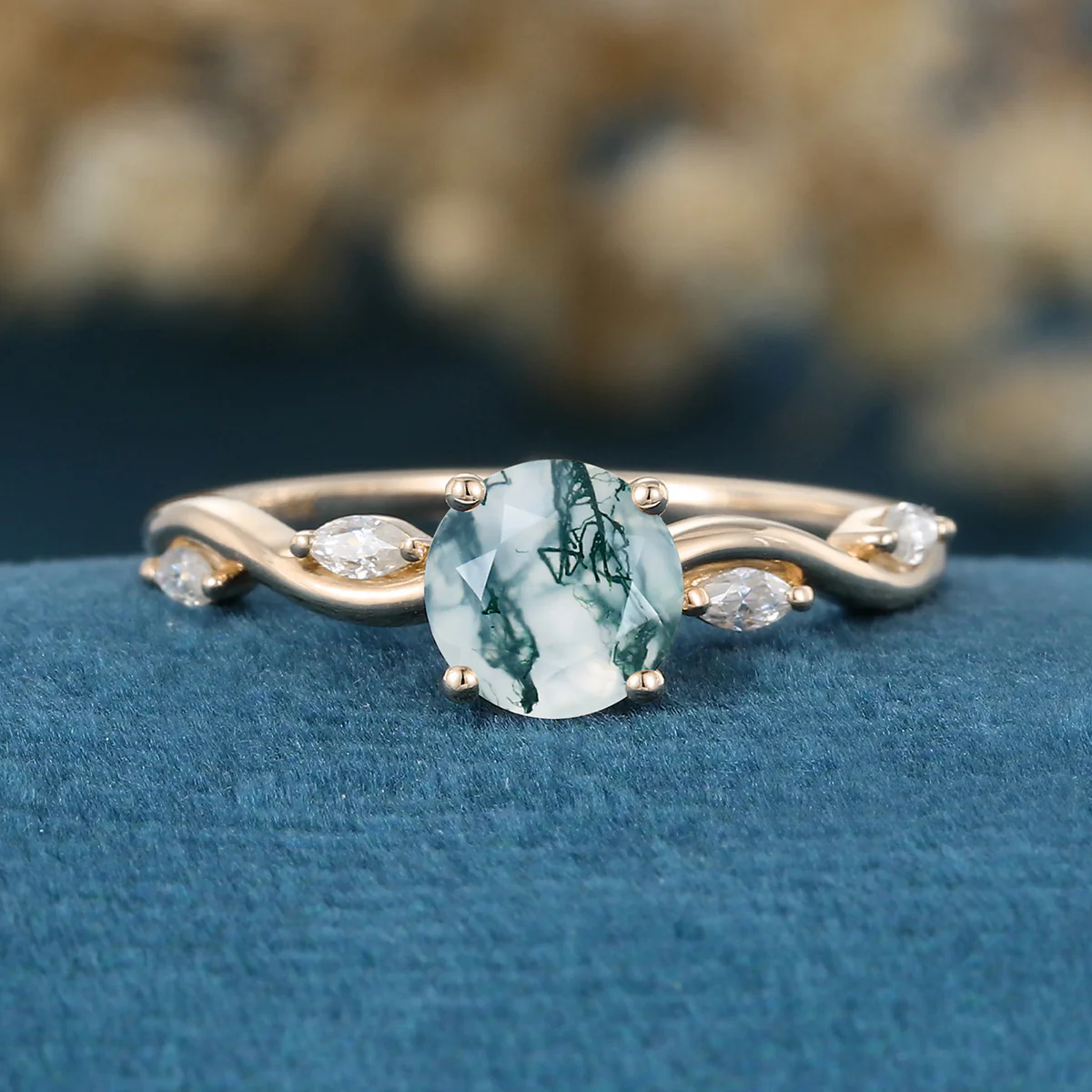 Round cut Moss Agate Matching Moissanite | Diamonds Gold Engagement Ring - Image 8