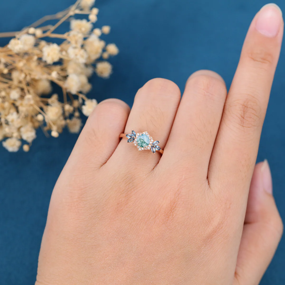 Round cut Moss Agate Matching London blue Topaz | Diamonds Gold Engagement Ring - Image 2