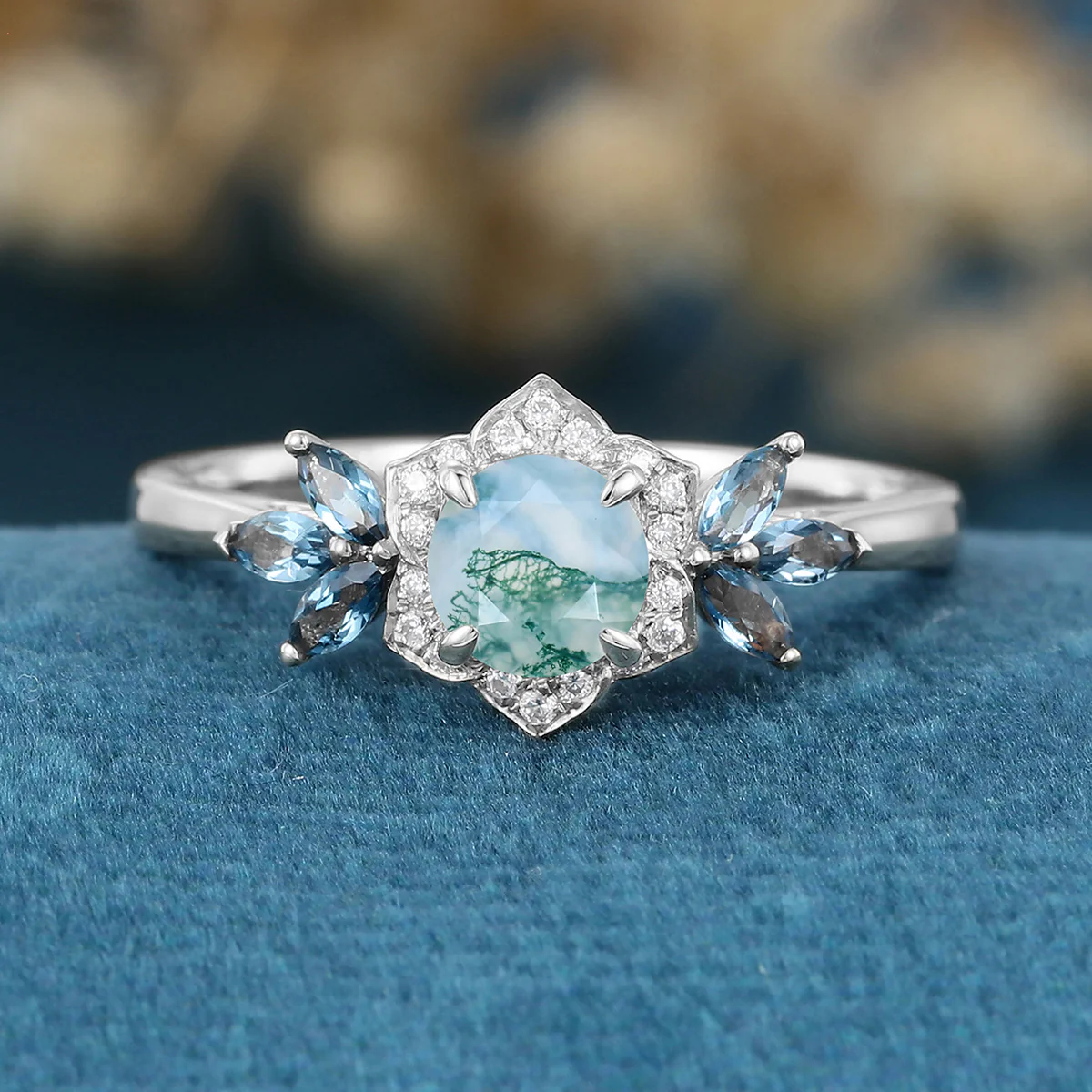 Round cut Moss Agate Matching London blue Topaz | Diamonds Gold Engagement Ring - Image 7